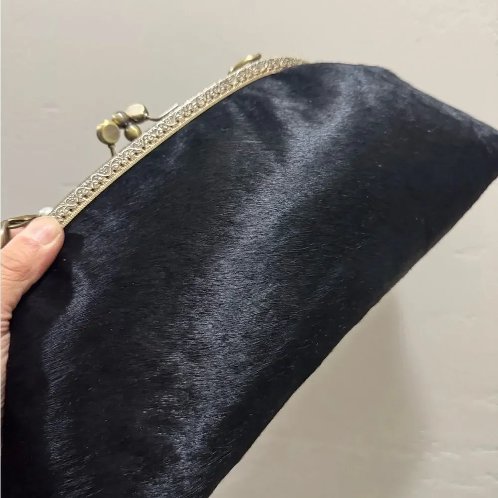 Black Real Hair-on-horsehide Handsewn Double Kiss-lock Clutch Bag/Crossbody